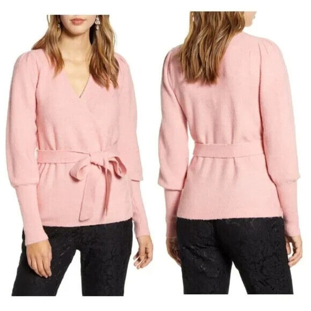 Rachel Parcell Women's Pink‎ Wrap Tie Waist Puff Sleeve Knit Sweater Size XS NWT